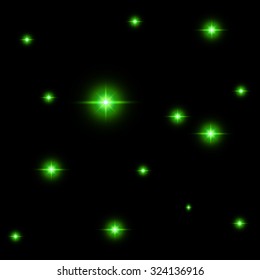 Seamless pattern of luminous stars. Illusion of light flashes. Green flames on a black background. Abstract background. Vector illustration. 