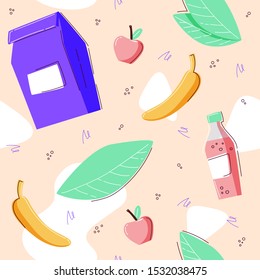 Seamless pattern with lunch meal. Bananas, apples and soda water. Vector illustration