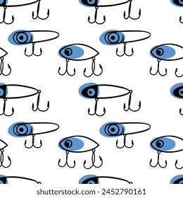 Seamless pattern with lure for fishing. Сoncept of outdoors adventure, back to nature, recreation tourism.