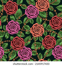Patrón sin foco con un rojo florido, rosa, rosas anaranjadas, hojas, cadenas metálicas con rhinestones, cuentas de bola metálica sobre fondo oscuro. Ilustración vectorial.