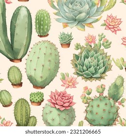 Seamless pattern of lush cacti and succulents in vector art. Succulent oasis