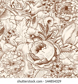 Seamless pattern with lush flowers. Beige, brown