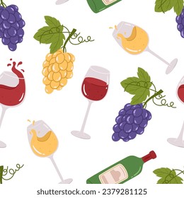 Seamless Pattern with Lush Grapes And Swirling Vines, Bottles and Glasses. Tile Background Perfect For Wine Lovers. Elegant And Timeless Design with Repeated Winery Motif. Cartoon Vector Illustration