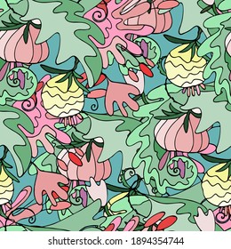 Seamless pattern with lush tropical vegetation. Repeating background with exotic abstract flowers, leaves and fruit for surface design and other design projects. Hawaiian style