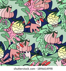 Seamless pattern with lush tropical vegetation. Repeating background with exotic fantasy flowers, leaves and fruit for surface design and other design projects. Hawaii concept