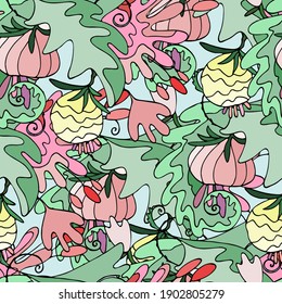 Seamless pattern with lush tropical vegetation. Repeating background with exotic fantasy flowers, leaves and fruit for surface design and other design projects. Hawaiian style