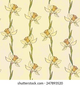 Seamless pattern lush yellow daffodils on white background, vector illustration.