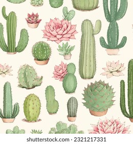Seamless pattern of luxuriant cacti and succulents in vector art. Lush succulent paradise