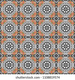 Seamless pattern, luxurious colourful old design. Carpet with ethnic ornament. Motley center in purple, yellow and blue tones.