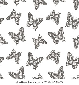 Seamless pattern, luxurious silhouettes of butterflies. Background with monochrome insects. Design for textiles, print