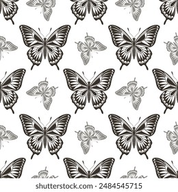 Patrón sin costuras, siluetas de lujo de mariposas. Fondo con insectos monocromos. Diseño para textiles, impresión