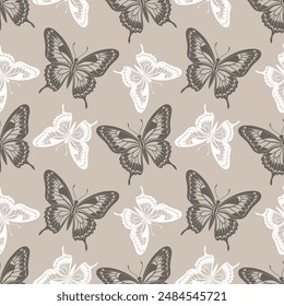 Seamless pattern, luxurious silhouettes of butterflies. Background with monochrome insects. Design for textiles, print