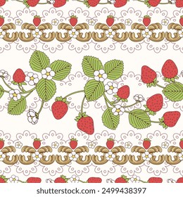 Patrón sin costuras de fresa y encaje de lujo. Fresas con un estilo vintage floral, patrón para tela y papel de embalaje, patrón para Fondo de pantalla de diseño y estampados de moda.