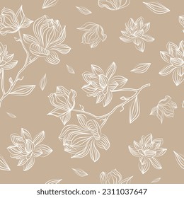 Seamless pattern with luxurious white linear magnolia flowers. Vector botanical illustration for invitation banner with exotic flowers.
branch