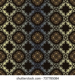 Seamless pattern luxury black background with elements damask ornament. Traditional classic oriental golden pattern.