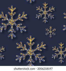patrón impecable Luxury Elegant Feliz Navidad y feliz año nuevo afiche plantilla con copos de nieve y bolas de oro sobre fondo azul. Ilustración vectorial. armazón y destellos. Bolas de navidad de oro.