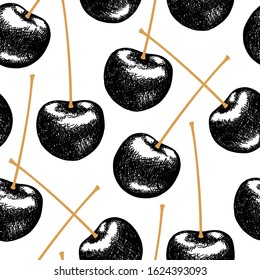 Seamless pattern of  luxury, exquisite, hand drawn black cherries