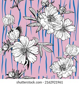 Seamless pattern with luxury flowers peonies, buds and leaves vector graphics hand drawn on a pink background print for textile, fabric, wallpaper, wrapping paper.