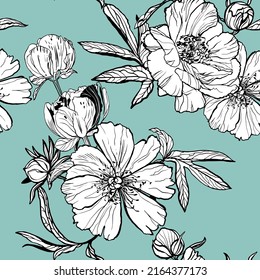 Seamless pattern with luxury flowers peonies and buds vector hand drawn on a blue background print for textiles, fabric, wallpapers, packaging.