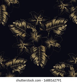 Seamless pattern luxury gold hibiscus and lily flowers and palm leaves on black background.Vector illustration line art drawing.