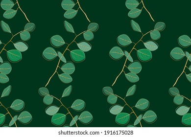 Seamless pattern with luxury gold and nature green leaves eucalyptus. Gold leaves set on green background .Floral pattern, golden split-leaf.