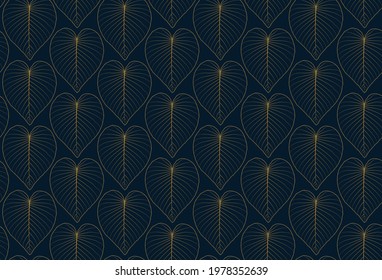 Seamless pattern of luxury leaves. Golden leaves on a dark blue background, for backdrop, wallpaper, banner, card, cover, texture. Vector illustration