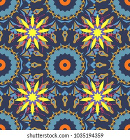 Seamless pattern luxury ornament, eastern style in orange, yellow and blue colors. Turquoise floral art. Vector element, arabesque for design template. Ornate decor for invitation, greeting card.