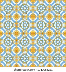 Seamless pattern luxury ornament, eastern style in gray, blue and yellow colors. Ornate decor for invitation, greeting card. Turquoise floral art. Vector element, arabesque for design template.