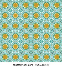 Seamless pattern luxury ornament, eastern style in blue, green and white colors. Vector element, arabesque for design template. Ornate decor for invitation, greeting card. Turquoise floral art.