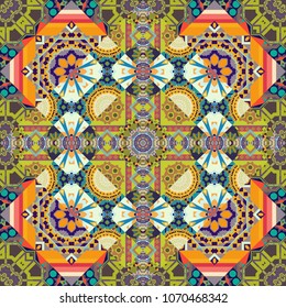 Seamless pattern luxury ornament, eastern style in gray, orange and yellow colors. Ornate decor for invitation, greeting card. Turquoise floral art. Vector element, arabesque for design template.
