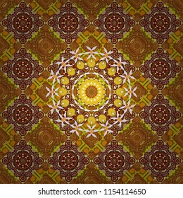 Seamless pattern luxury ornament, eastern style in yellow, red and brown colors. Ornate decor for invitation, greeting card. Vector element, arabesque for design template. Turquoise floral art.