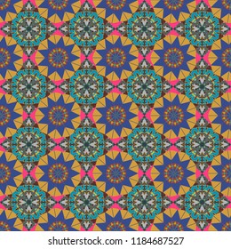 Seamless pattern luxury ornament, eastern style in yellow, brown and violet colors. Turquoise floral art. Ornate decor for invitation, greeting card. Vector element, arabesque for design template.