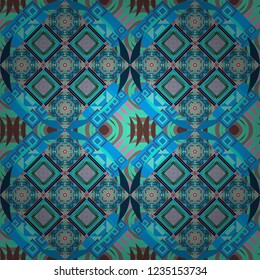 Seamless pattern luxury ornament, eastern style in blue, green and pink colors. Ornate decor for invitation, greeting card. Vector element, arabesque for design template. Turquoise floral art.