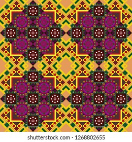 Seamless pattern luxury ornament, eastern style in red, yellow and green colors. Ornate decor for invitation, greeting card. Turquoise floral art. Vector element, arabesque for design template.