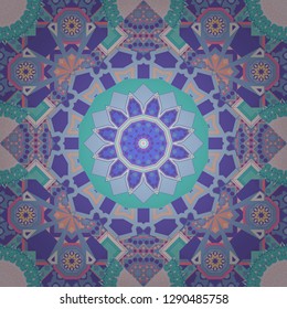 Seamless pattern luxury ornament, eastern style in blue, violet and pink colors. Vector element, arabesque for design template. Turquoise floral art. Ornate decor for invitation, greeting card.