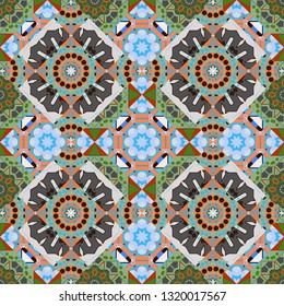 Seamless pattern luxury ornament, eastern style in green, gray and blue colors. Turquoise floral art. Vector element, arabesque for design template. Ornate decor for invitation, greeting card.