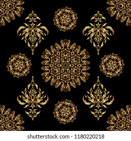 Seamless pattern with Luxury Ornament On a black Background. Vector illustration. Elegant Christmas Poster Template with Golden Elements.