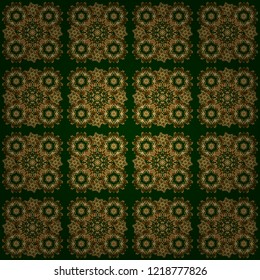 Seamless pattern with Luxury Ornament On a green Background. Vector illustration. Elegant Christmas Poster Template with Golden Elements.