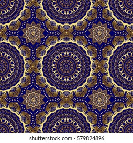 Seamless pattern with Luxury Ornament On a blue Background. Vector illustration. Elegant Christmas Poster Template with Golden Elements.