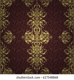 Seamless pattern with Luxury Ornament On a brown Background. Vector illustration. Elegant Christmas Poster Template with Golden Elements.