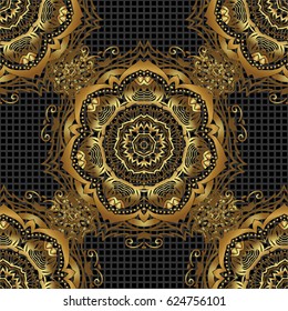 Seamless pattern with Luxury Ornament On a black Background. Vector illustration. Elegant Christmas Poster Template with Golden Elements.