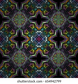 Seamless pattern with Luxury Ornament On a Black Background. Vector illustration. Elegant Christmas Poster Template with purple, blue and yellow Elements.