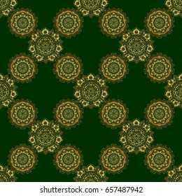 Seamless pattern with Luxury Ornament On a green Background. Vector illustration. Elegant Christmas Poster Template with Golden Elements.