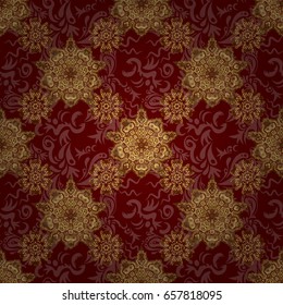 Seamless pattern with Luxury Ornament On a red Background. Vector illustration. Elegant Christmas Poster Template with Golden Elements.