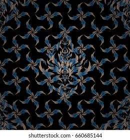 Seamless pattern with Luxury Ornament On a Black Background. Vector illustration. Elegant Christmas Poster Template with blue and beige Elements.