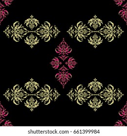 Seamless pattern with Luxury Ornament On a Black Background. Vector illustration. Elegant Christmas Poster Template with yellow and magenta Elements.