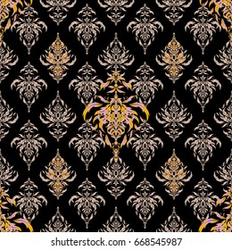 Seamless pattern with Luxury Ornament On a Black Background. Vector illustration. Elegant Christmas Poster Template with beige and yellow Elements.
