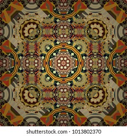 Seamless pattern luxury ornament. Vector ornament bandana in brown, green and yellow colors for print, silk neck scarf or kerchief square design style for print on fabric.