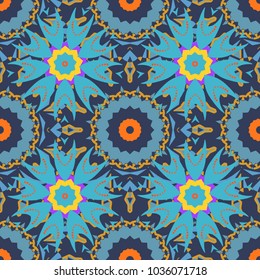 Seamless pattern luxury ornament. Vector ornament bandana in yellow, blue and orange colors for print, silk neck scarf or kerchief square design style for print on fabric.
