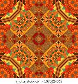 Seamless pattern luxury ornament. Vector ornament bandana in orange, brown and yellow colors for print, silk neck scarf or kerchief square design style for print on fabric.